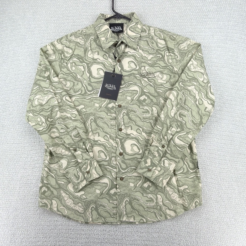 Von Dutch Ground Stone Garage Shirt Mens Medium Beige Green Camo Button Up